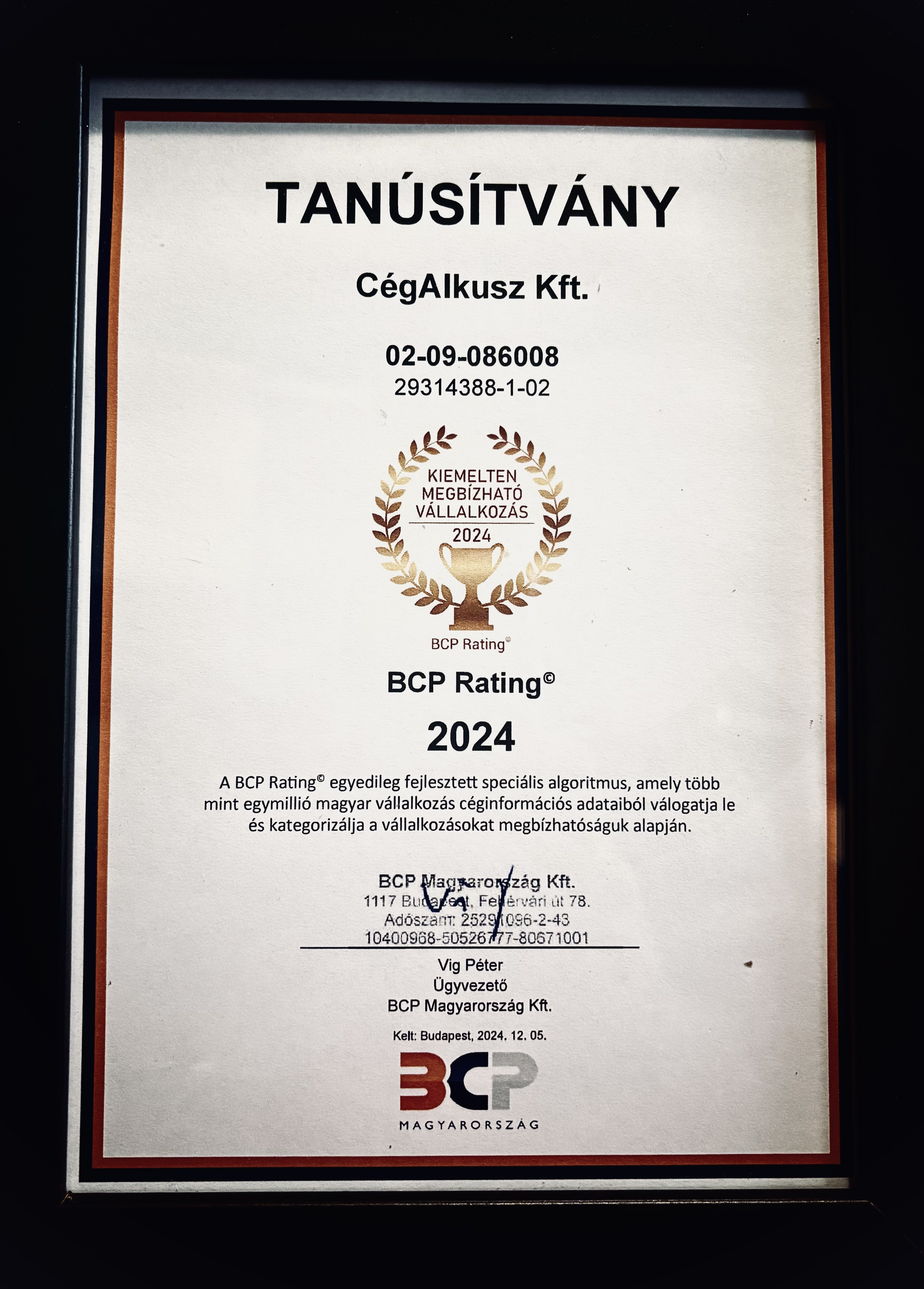 BCP Rating - Kiemelten Megbízható Vállalkozás 2024